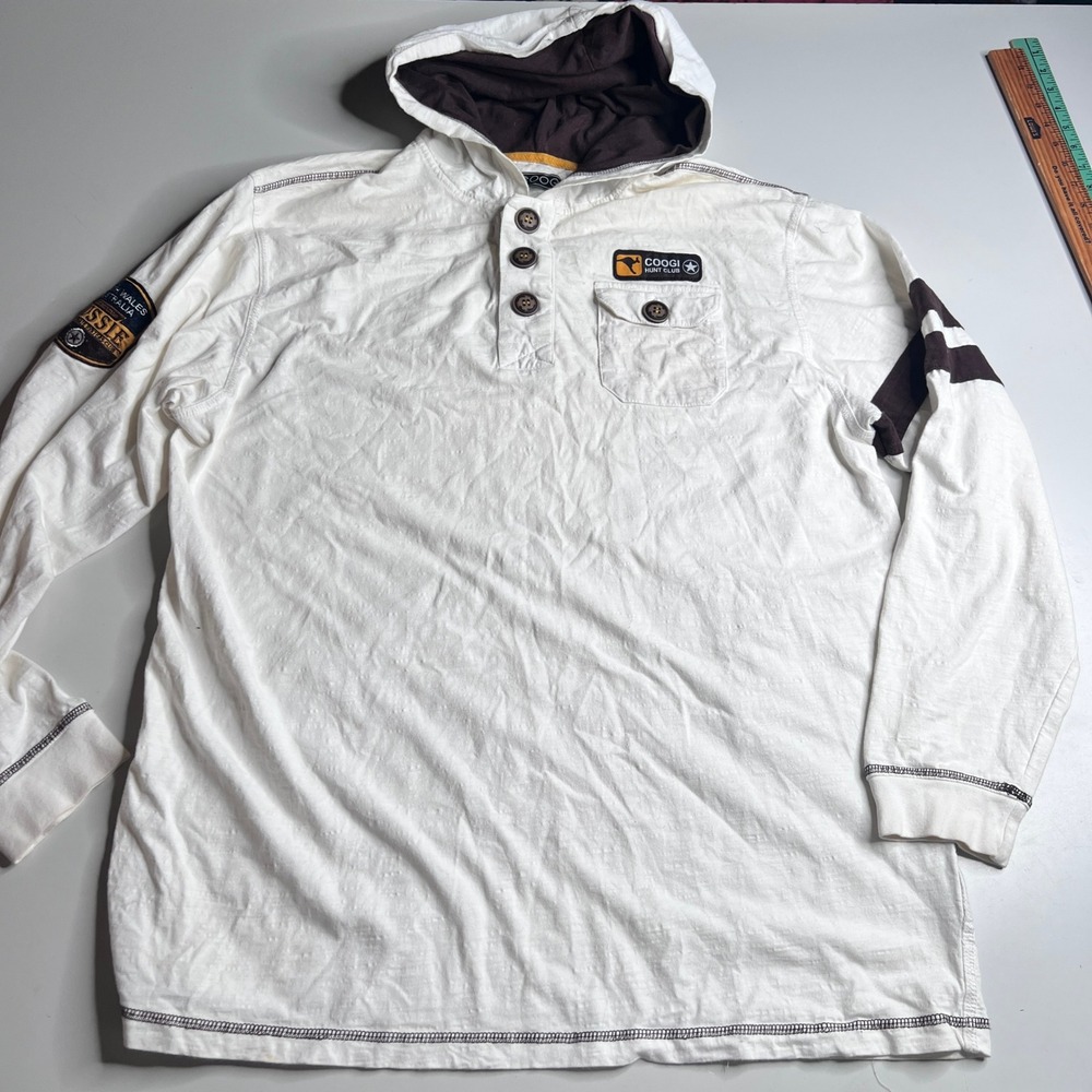 COOGI Hunt Club Mens 2XL White Brown Henley Hoodie Long Sleeve Shirt Aussie